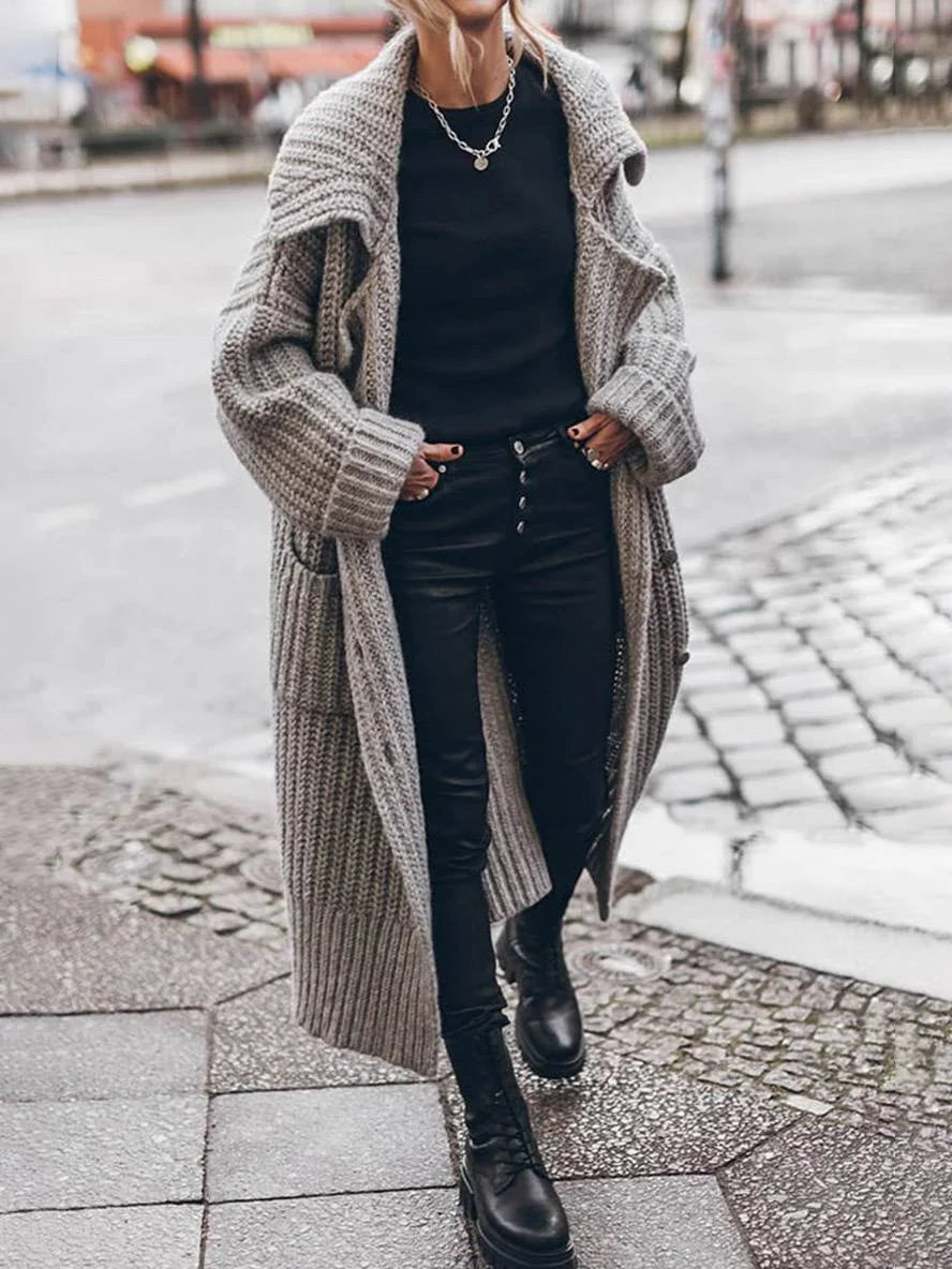 Women's Longline Cardigan with Oversized Drop-Shoulder Fit & Pockets - Front Full Walking
