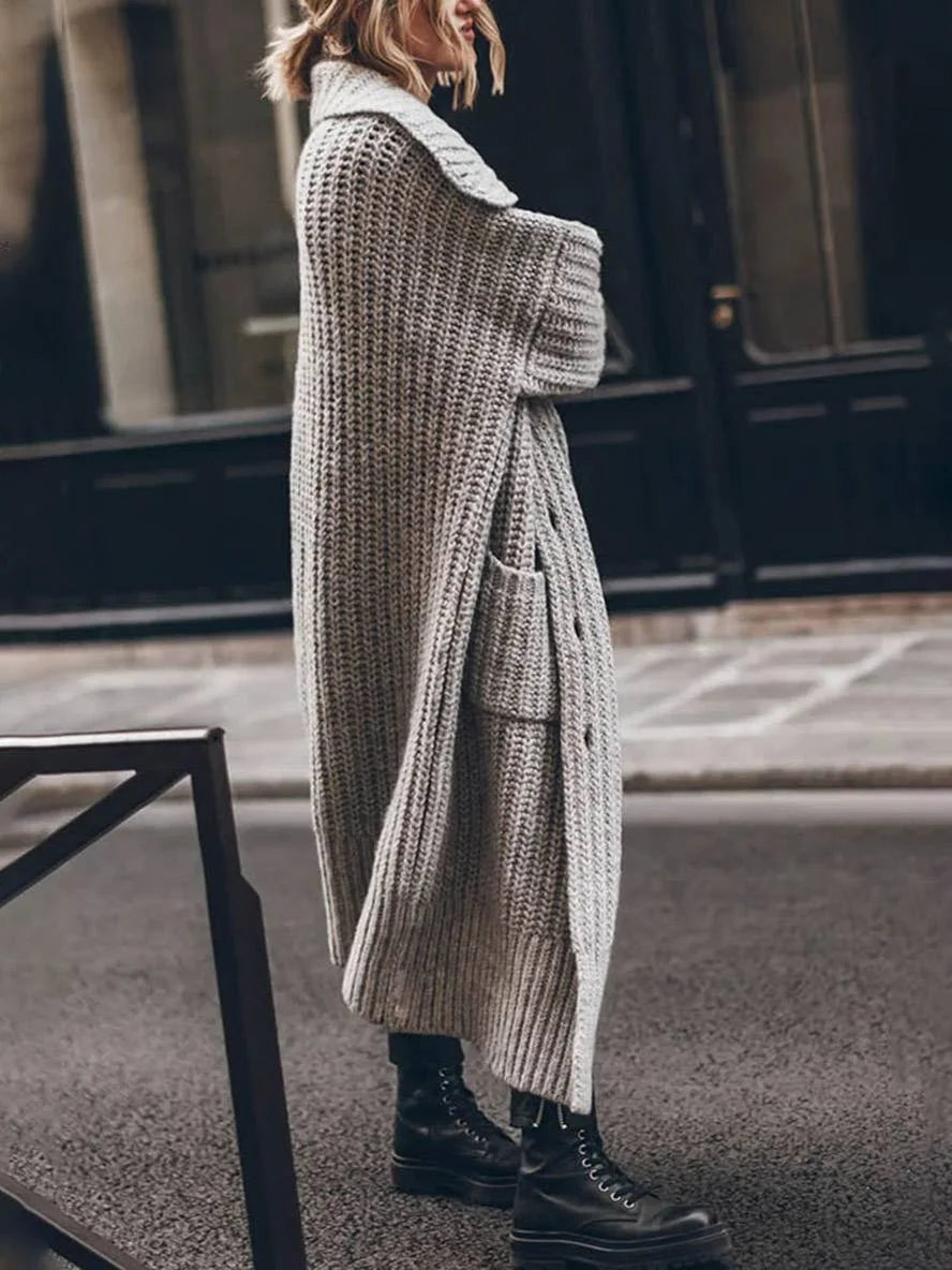 Women's Longline Cardigan with Oversized Drop-Shoulder Fit & Pockets - Side Full Length