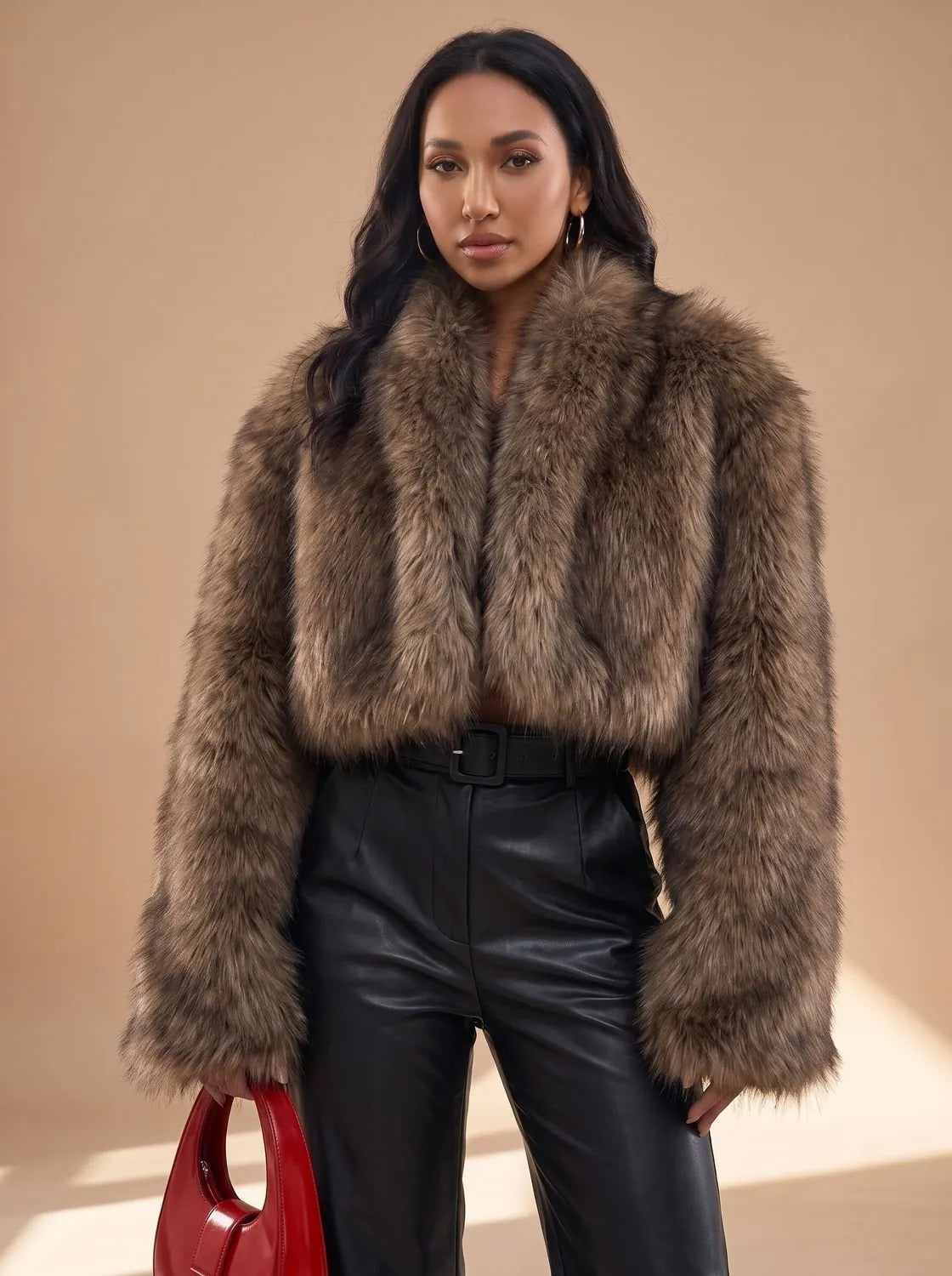 Dark Brown Women's Oversized Open-Front Faux Fur Coat with Wide Sleeves - Front Pose With Bag