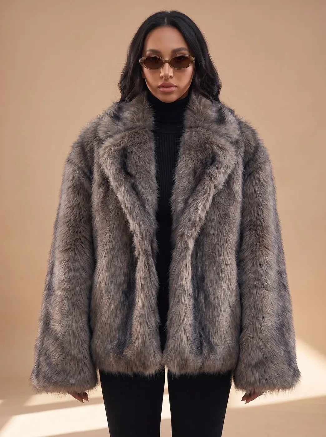 Dark Grey Women's Oversized Open-Front Faux Fur Coat with Wide Sleeves - Front Pose Sunglasses