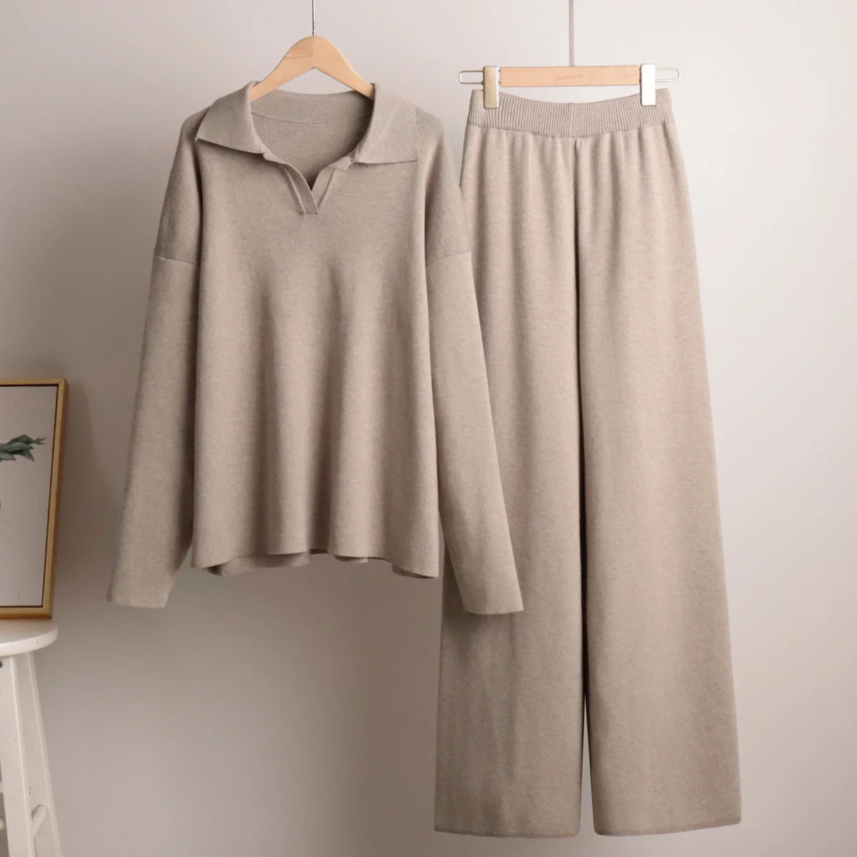 Women's Oversized Co-Ord Set with Wide-Leg Trousers & Polo Collar - Flat Lay