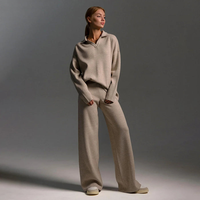 Beige Women's Oversized Co-Ord Set with Wide-Leg Trousers & Polo Collar
