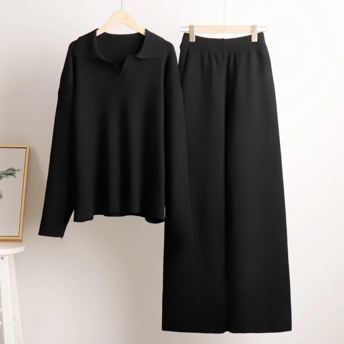 Women's Oversized Co-Ord Set with Wide-Leg Trousers & Polo Collar - Flat Lay