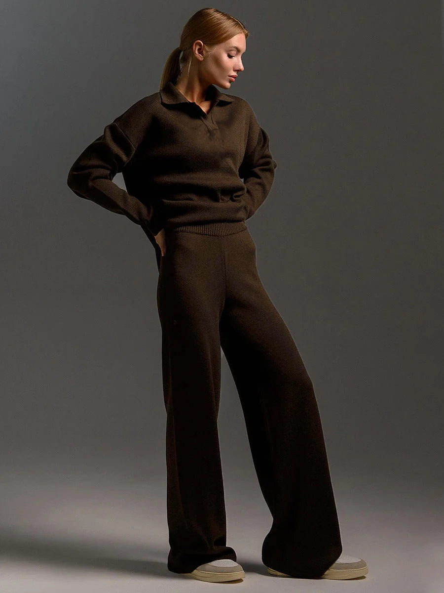 Women's Oversized Co-Ord Set with Wide-Leg Trousers & Polo Collar - Side Pose Brown