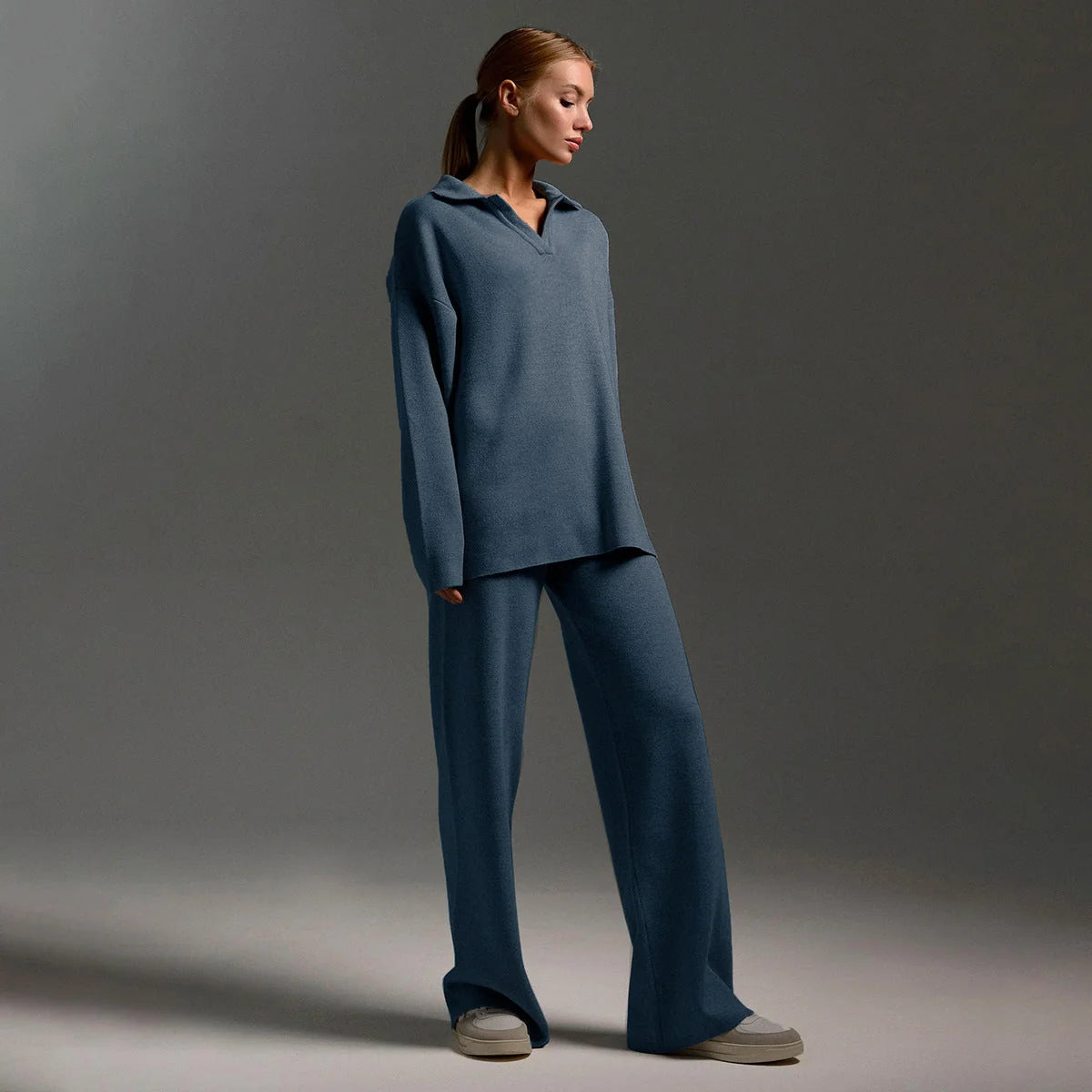 Women's Oversized Co-Ord Set with Wide-Leg Trousers & Polo Collar - Side Pose