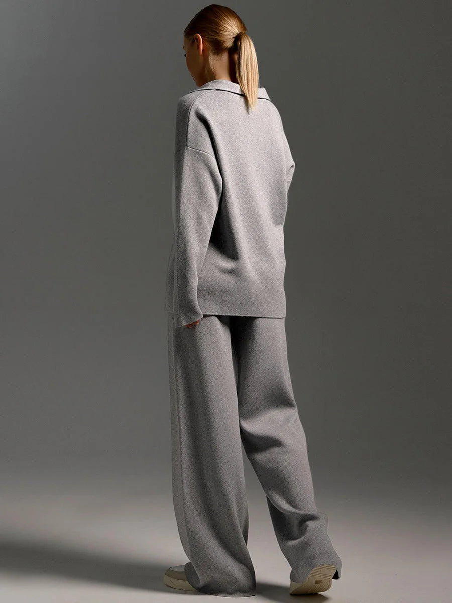 Women's Oversized Co-Ord Set with Wide-Leg Trousers & Polo Collar - Grey Back Detail