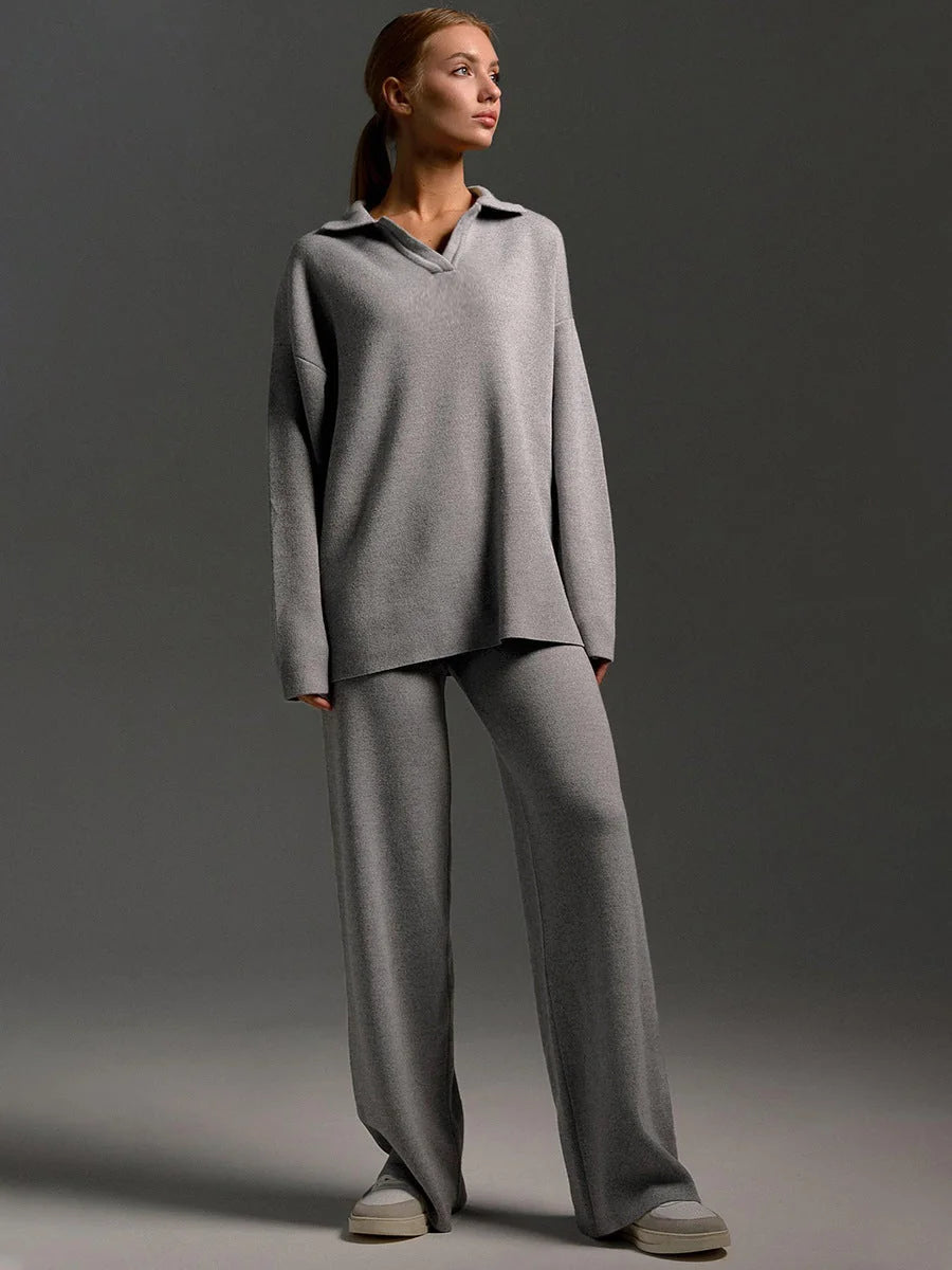 Women's Oversized Co-Ord Set with Wide-Leg Trousers & Polo Collar - Grey Front Full