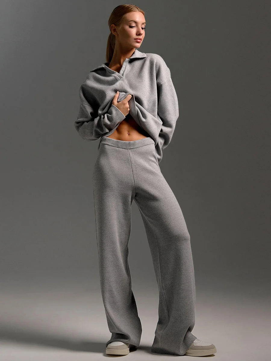 Mid Grey Women's Oversized Co-Ord Set with Wide-Leg Trousers & Polo Collar