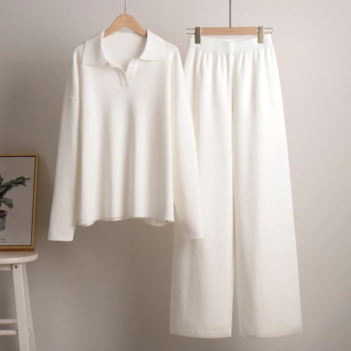 Women's Oversized Co-Ord Set with Wide-Leg Trousers & Polo Collar - Flat Lay