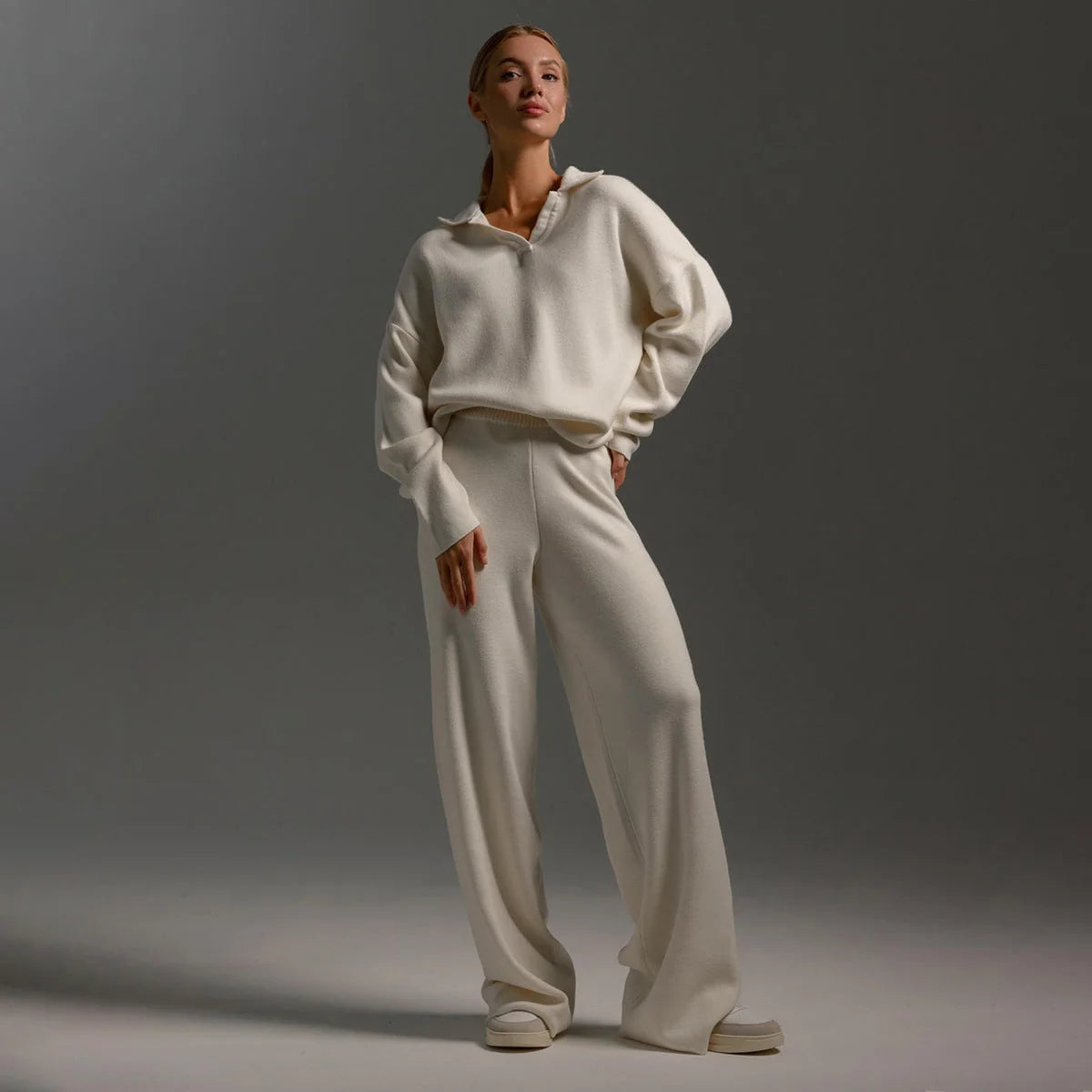 White Women's Oversized Co-Ord Set with Wide-Leg Trousers & Polo Collar