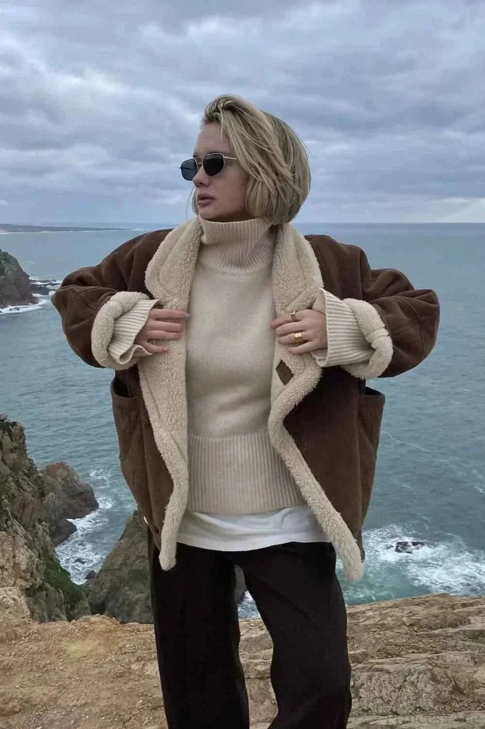 Khaki Men's Oversized Sherpa Coat with Notched Lapel & Relaxed Fit - Coastal Pose