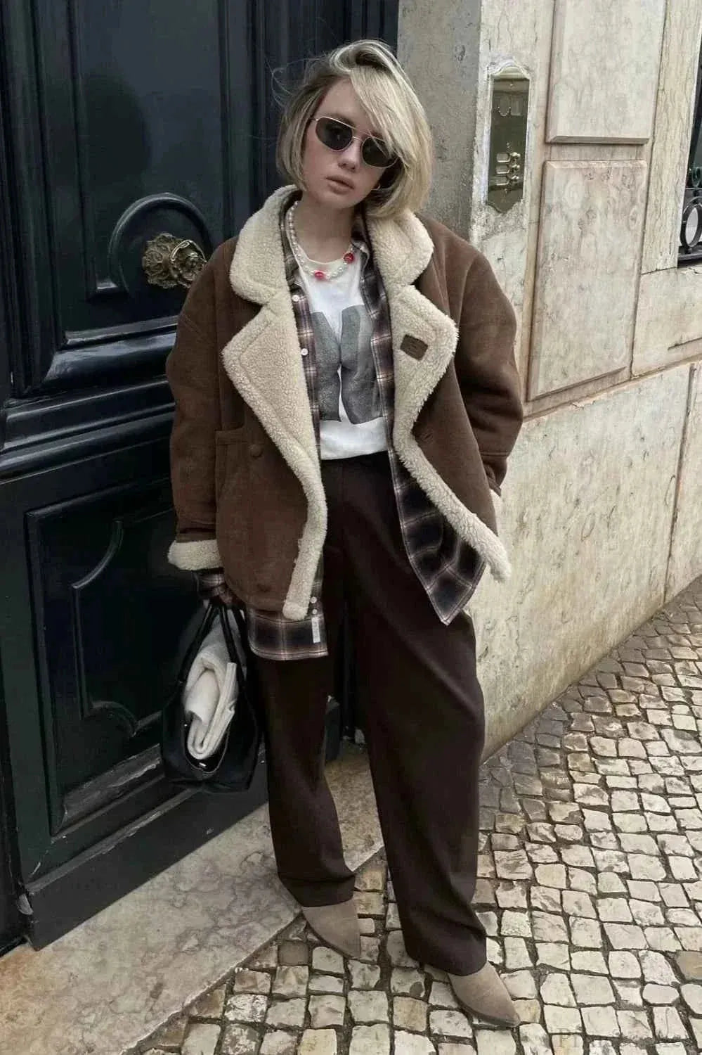 Khaki Men's Oversized Sherpa Coat with Notched Lapel & Relaxed Fit - Front Full Outfit
