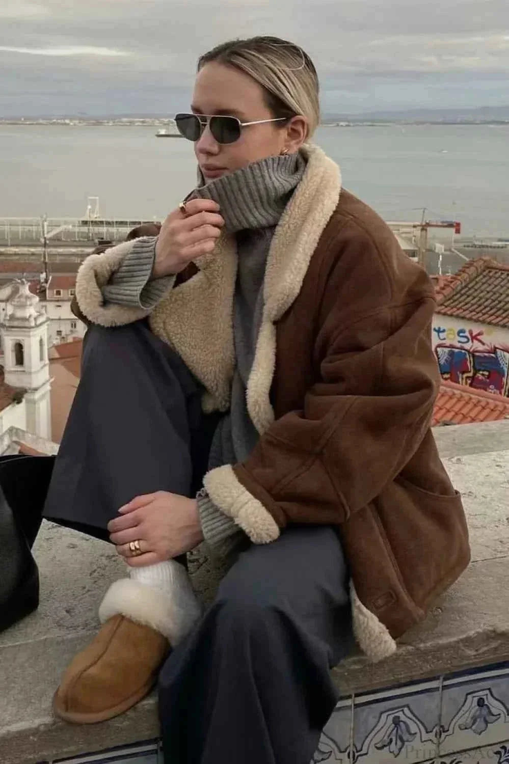 Khaki Men's Oversized Sherpa Coat with Notched Lapel & Relaxed Fit - Rooftop Pose