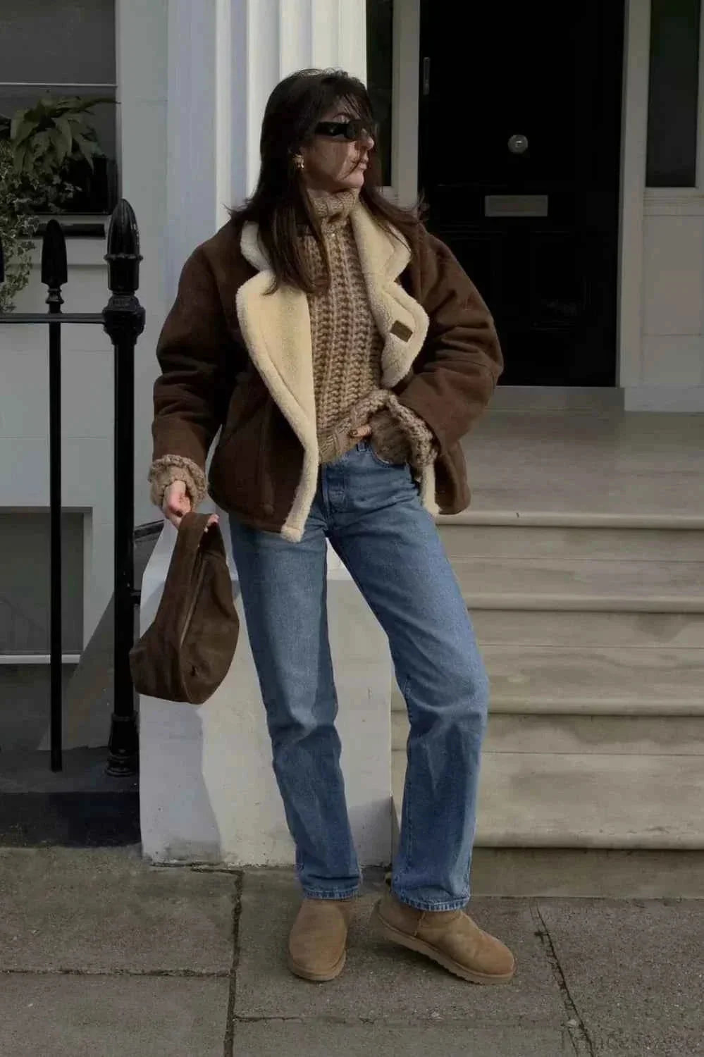 Khaki Men's Oversized Sherpa Coat with Notched Lapel & Relaxed Fit - Street Style Full