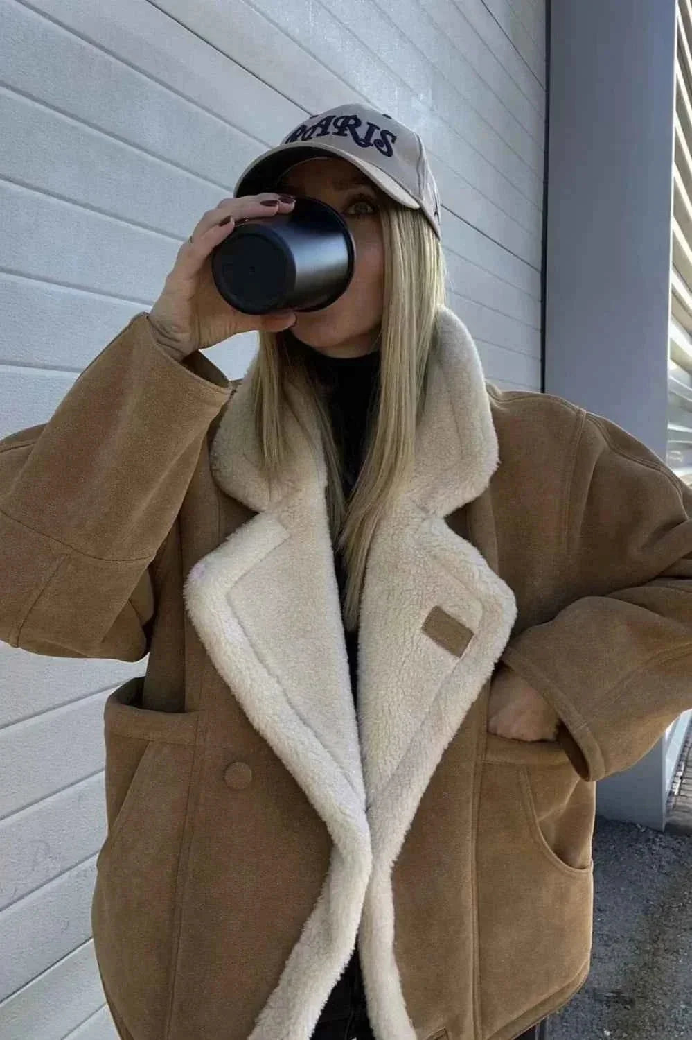 Khaki Men's Oversized Sherpa Coat with Notched Lapel & Relaxed Fit