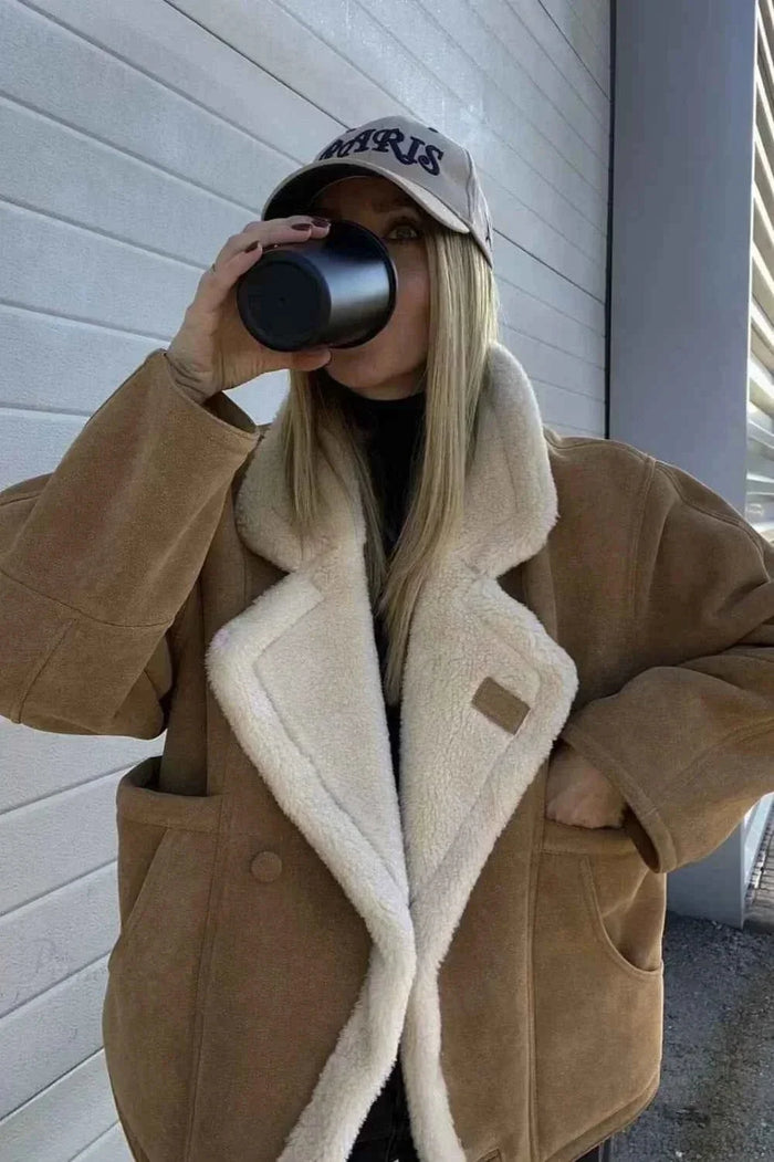 Khaki Men's Oversized Sherpa Coat with Notched Lapel & Relaxed Fit