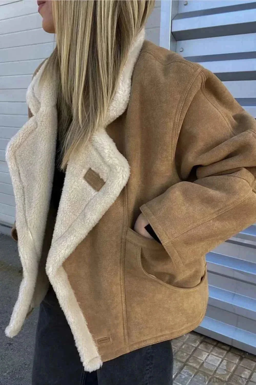 Khaki Men's Oversized Sherpa Coat with Notched Lapel & Relaxed Fit - Side Detail