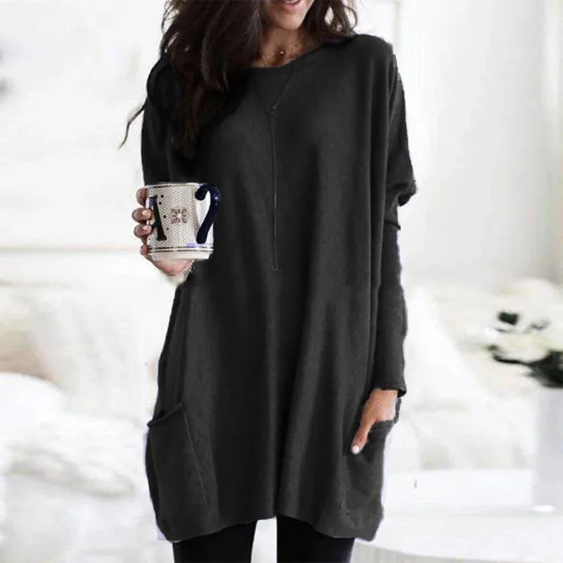 Black Women's Oversized Tunic Top with Lightweight Fabric & Long Sleeves