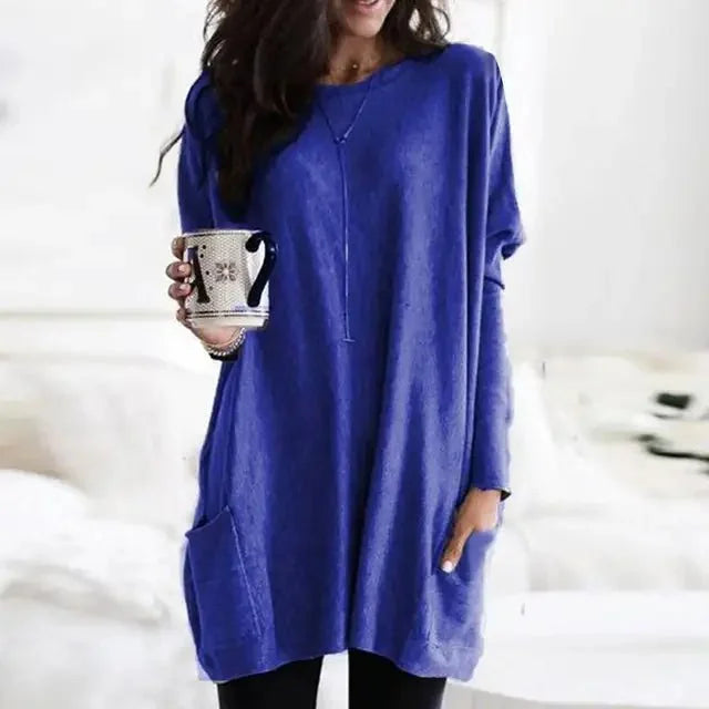 Blue Women's Oversized Tunic Top with Lightweight Fabric & Long Sleeves - Front Arm Pose