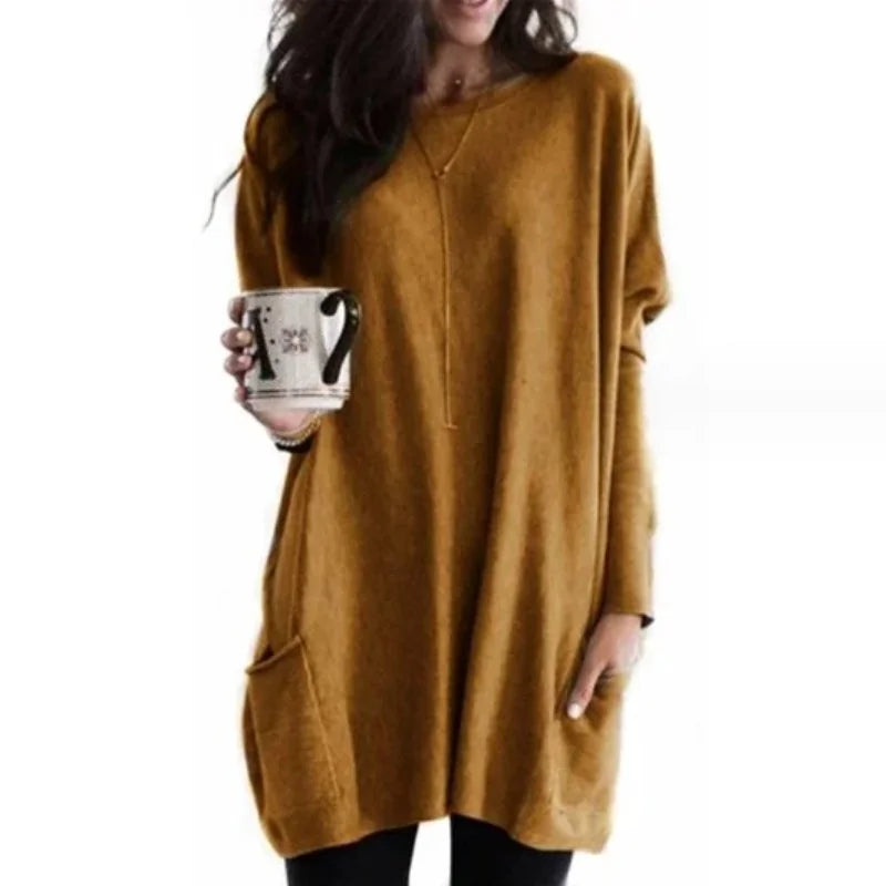 Brown Women's Oversized Tunic Top with Lightweight Fabric & Long Sleeves