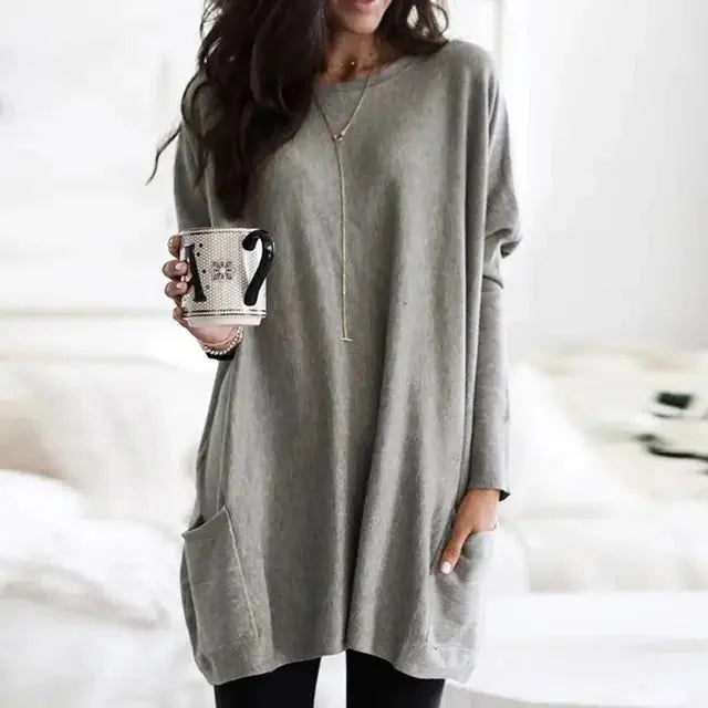 Grey Women's Oversized Tunic Top with Lightweight Fabric & Long Sleeves - Front Relaxed Pose