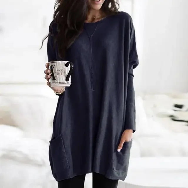 Navy Blue Women's Oversized Tunic Top with Lightweight Fabric & Long Sleeves - Front Casual Stance