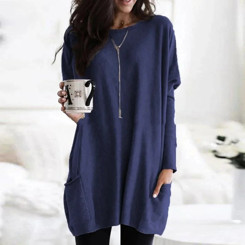 Women's Oversized Tunic Top with Lightweight Fabric & Long Sleeves - Front Neckline Detail