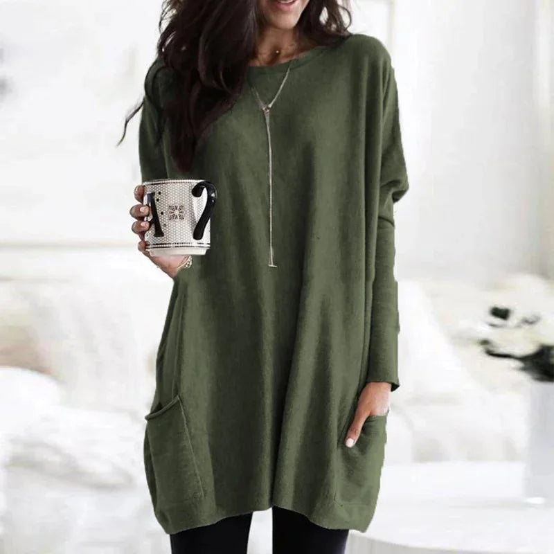 Olive Green Women's Oversized Tunic Top with Lightweight Fabric & Long Sleeves - Front Pocket Detail