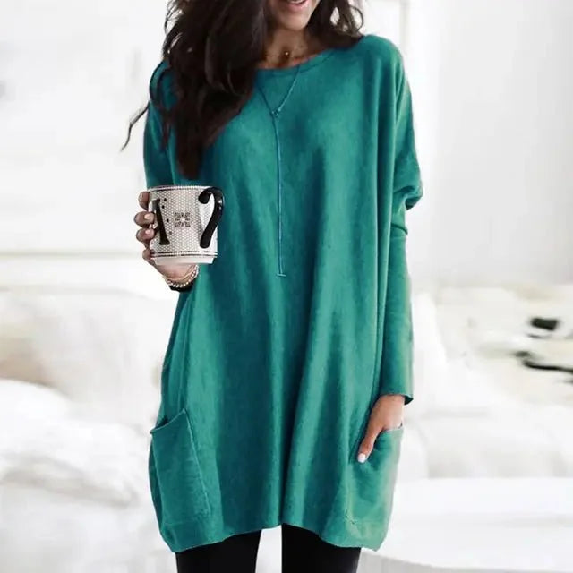 Turquoise Women's Oversized Tunic Top with Lightweight Fabric & Long Sleeves - Front Studio Pose