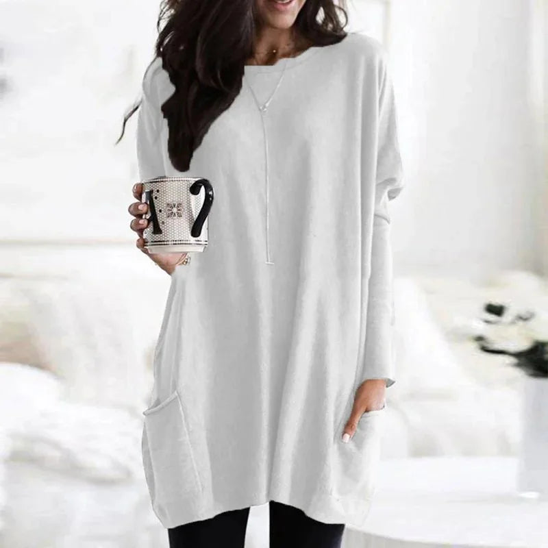 White Women's Oversized Tunic Top with Lightweight Fabric & Long Sleeves - Front Plain Background