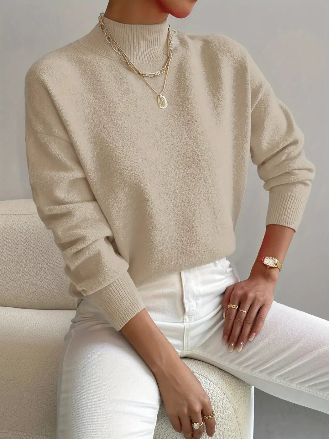 Beige Women's Oversized Turtleneck Sweater with Ribbed Mock Neck & Dropped Shoulders