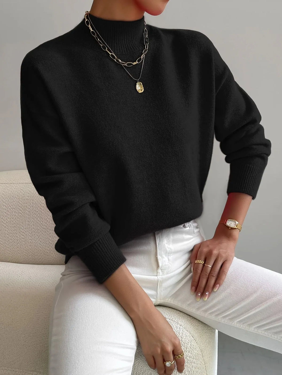 Black Women's Oversized Turtleneck Sweater with Ribbed Mock Neck & Dropped Shoulders