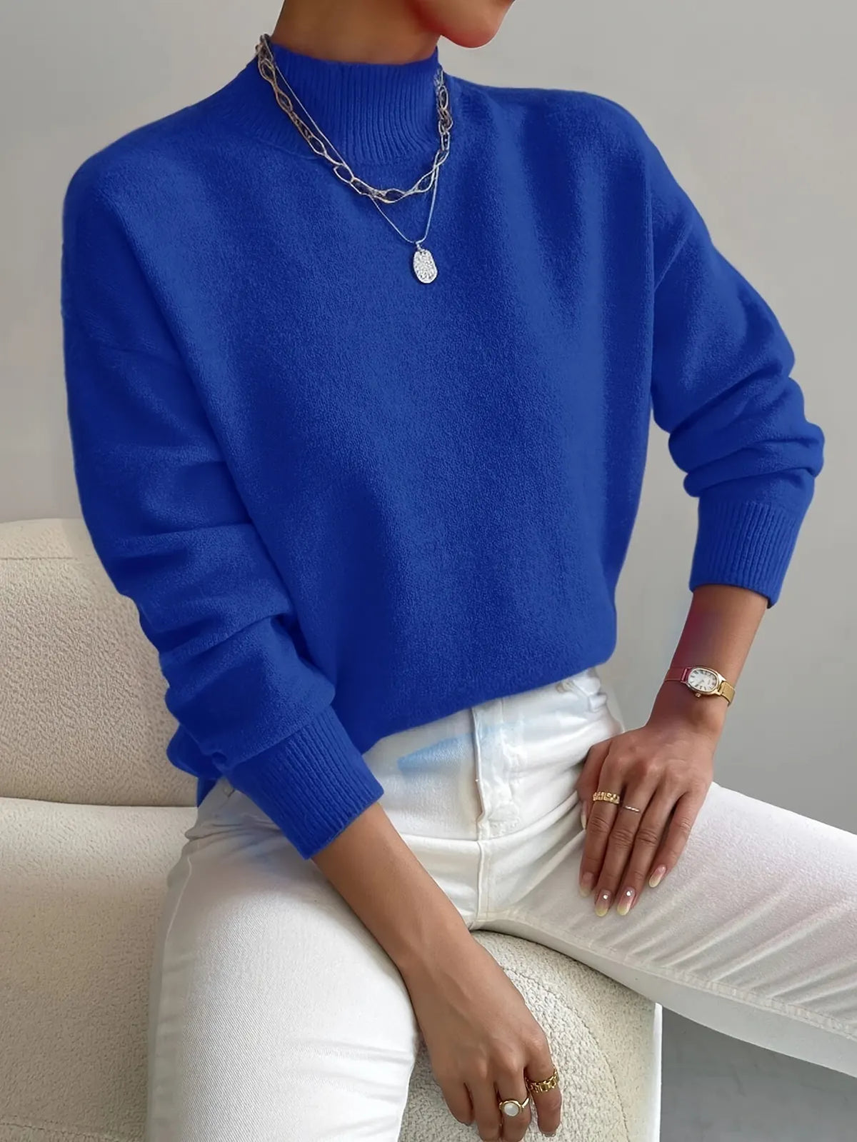 Blue Women's Oversized Turtleneck Sweater with Ribbed Mock Neck & Dropped Shoulders