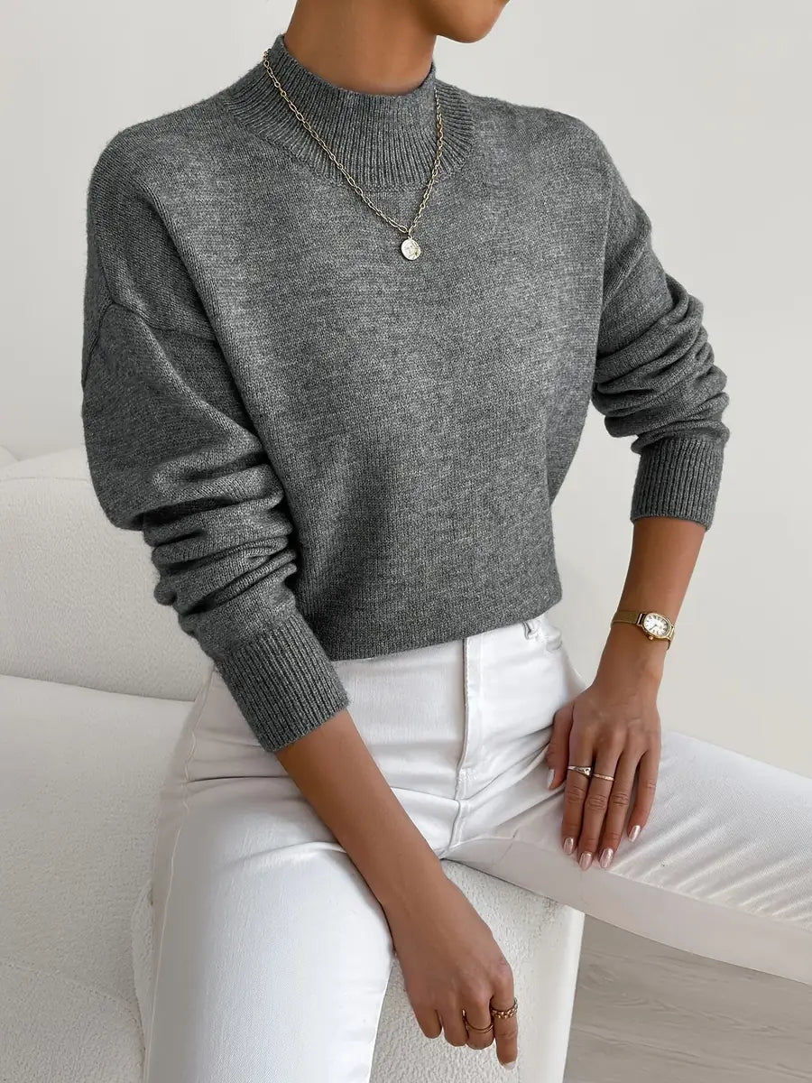 Dark Grey Women's Oversized Turtleneck Sweater with Ribbed Mock Neck & Dropped Shoulders