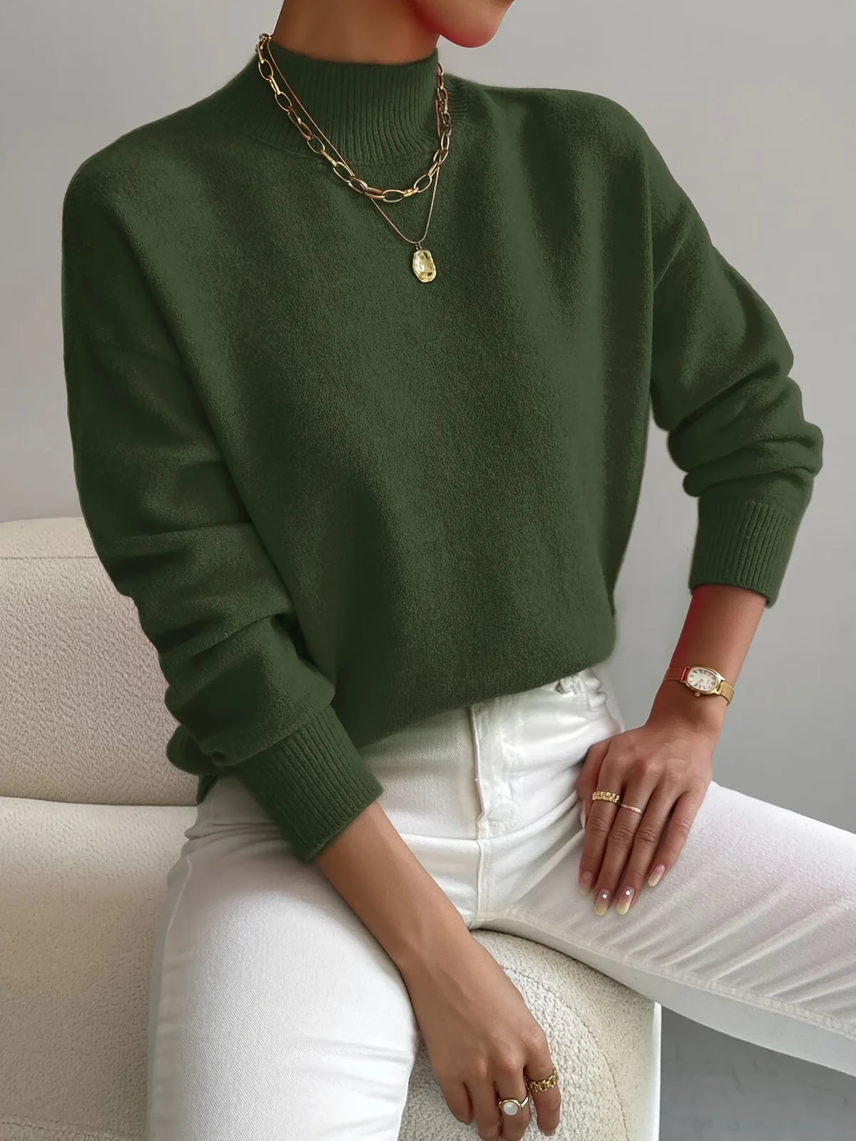 Green Women's Oversized Turtleneck Sweater with Ribbed Mock Neck & Dropped Shoulders — Natalia