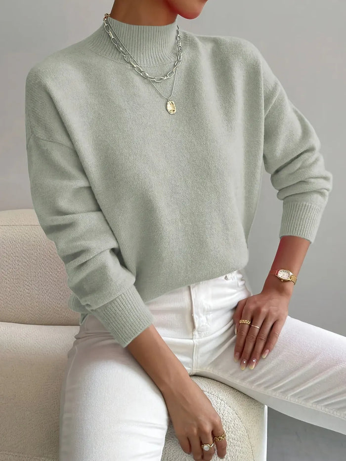 Light Green Women's Oversized Turtleneck Sweater with Ribbed Mock Neck & Dropped Shoulders - Front Close Necklace