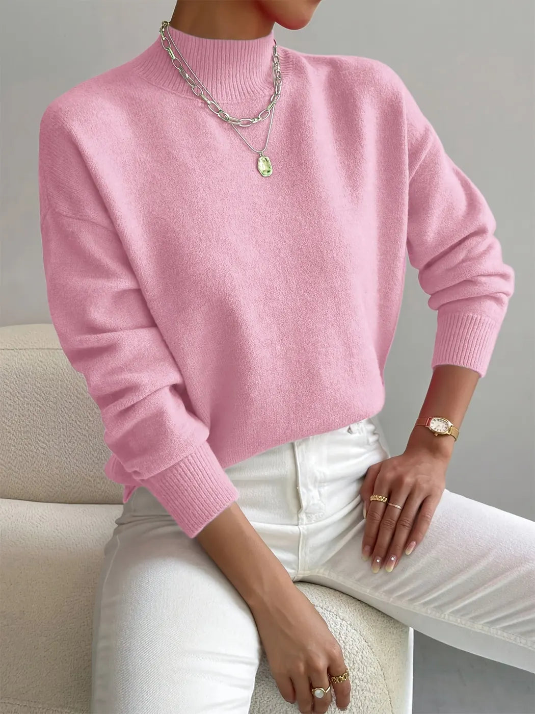 Light Pink Women's Oversized Turtleneck Sweater with Ribbed Mock Neck & Dropped Shoulders — Natalia - Front Seated