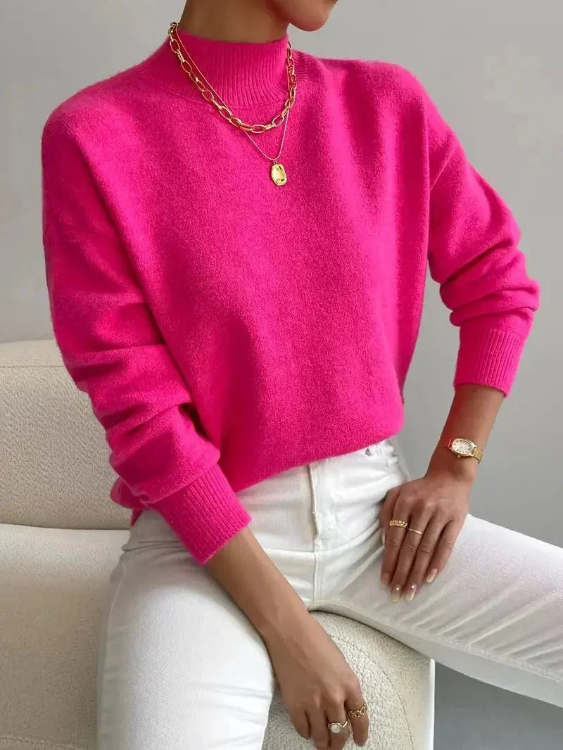 Pink Women's Oversized Turtleneck Sweater with Ribbed Mock Neck & Dropped Shoulders — Natalia