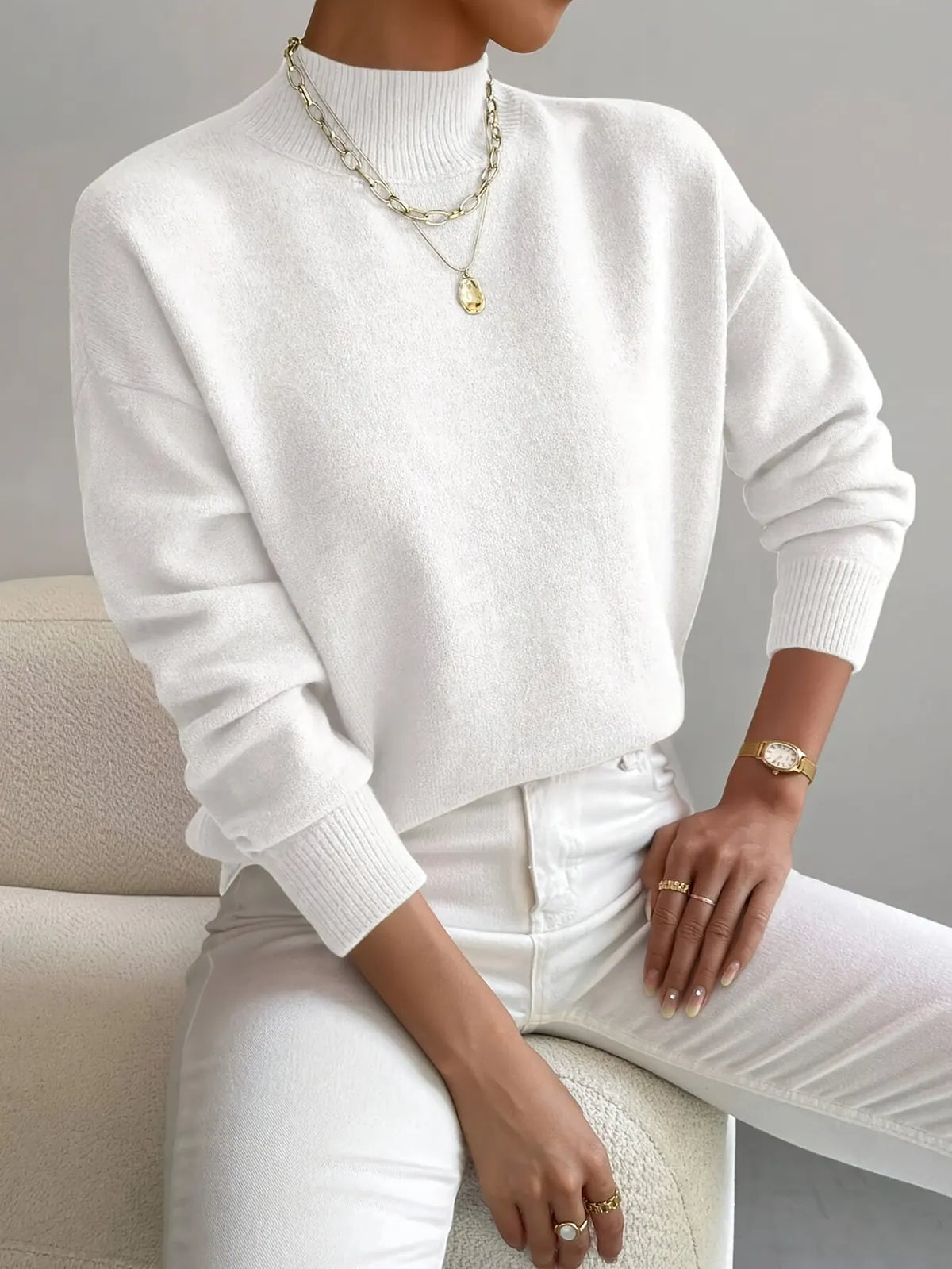 White Women's Oversized Turtleneck Sweater with Ribbed Mock Neck & Dropped Shoulders - Front Studio