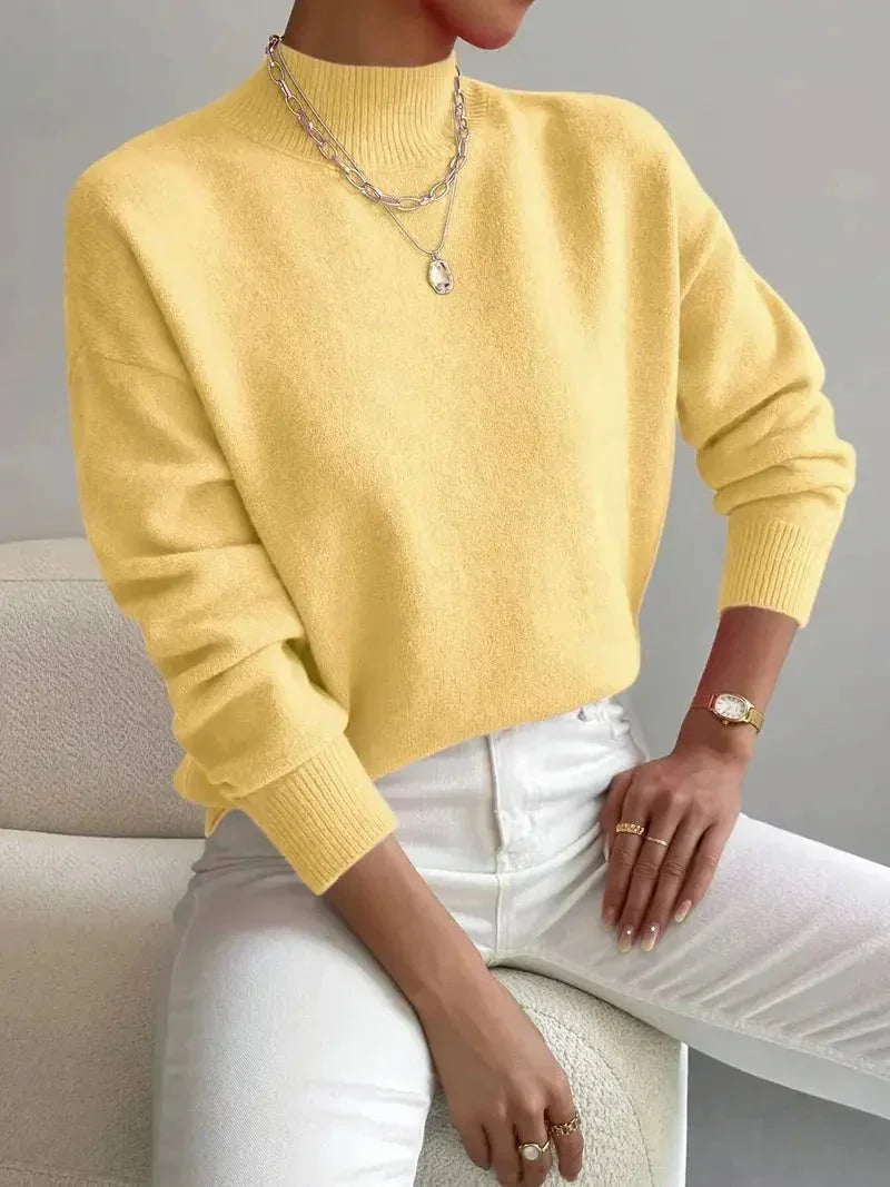 Yellow Women's Oversized Turtleneck Sweater with Ribbed Mock Neck & Dropped Shoulders