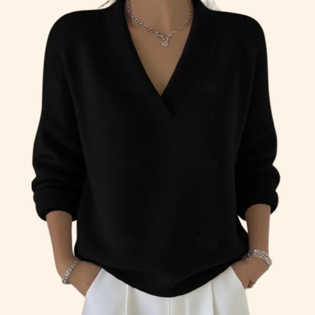 Black Women's Oversized Sweater with V-Neck & Ribbed Cuffs — Nadine