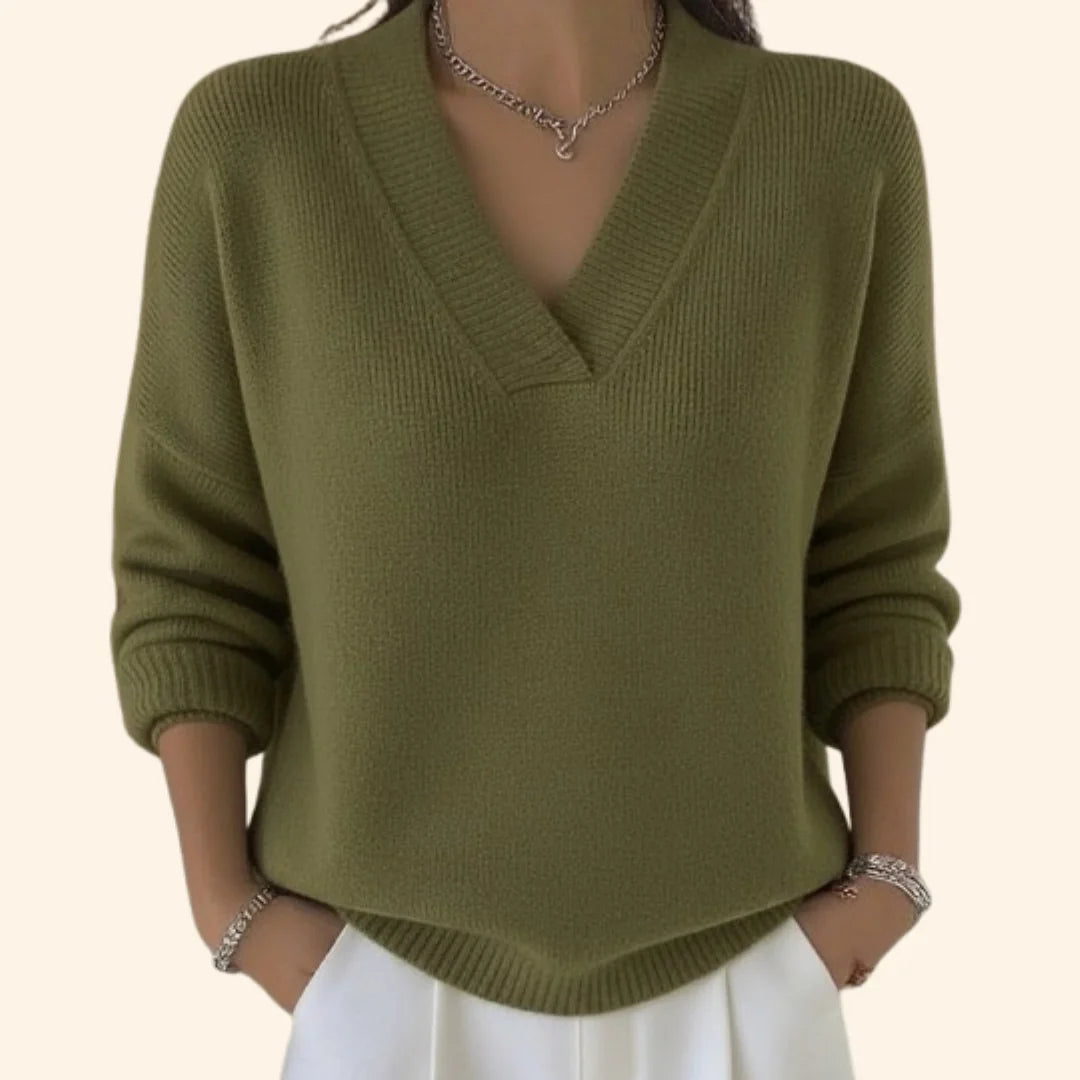 Green Women's Oversized Sweater with V-Neck & Ribbed Cuffs