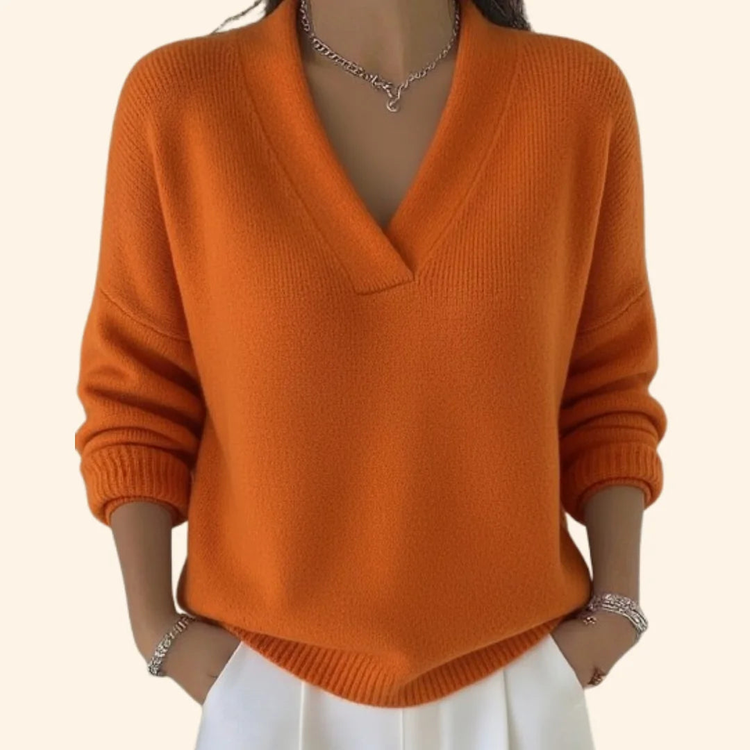 Orange Women's Oversized Sweater with V-Neck & Ribbed Cuffs — Nadine