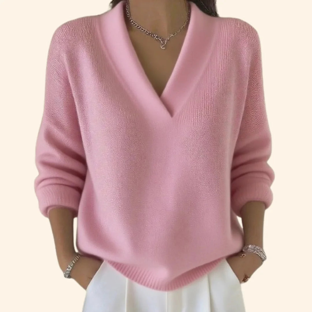 Pink Women's Oversized Sweater with V-Neck & Ribbed Cuffs