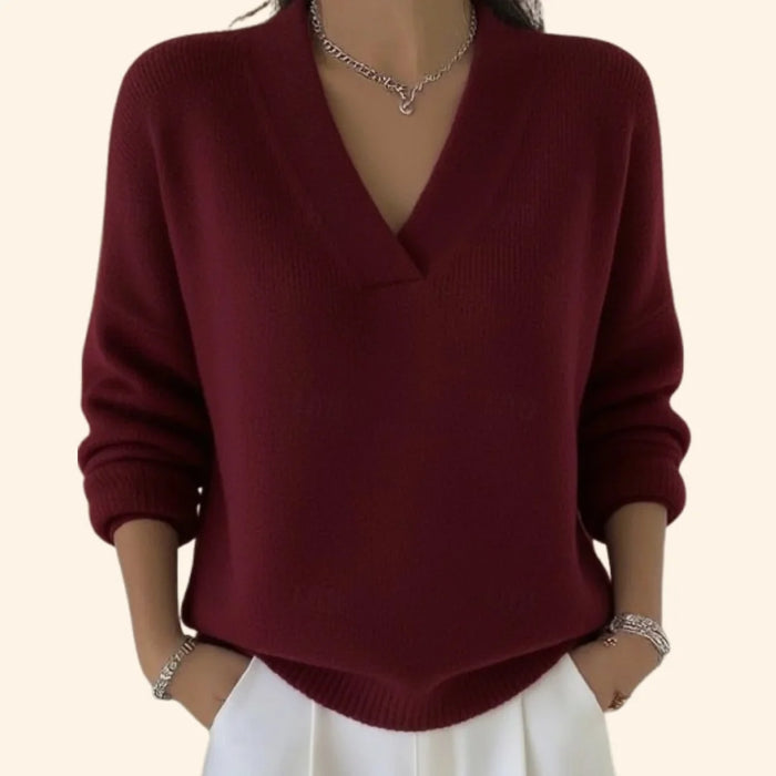 Red Women's Oversized Sweater with V-Neck & Ribbed Cuffs — Nadine