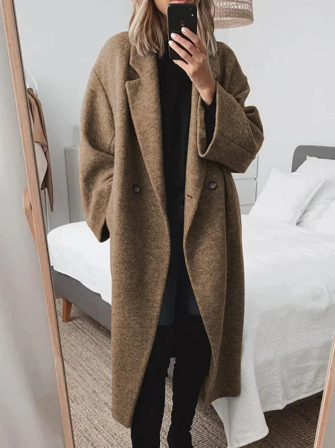 Brown Women's Oversized Wool Coat with Notched Lapel & Patch Pockets — Stevie