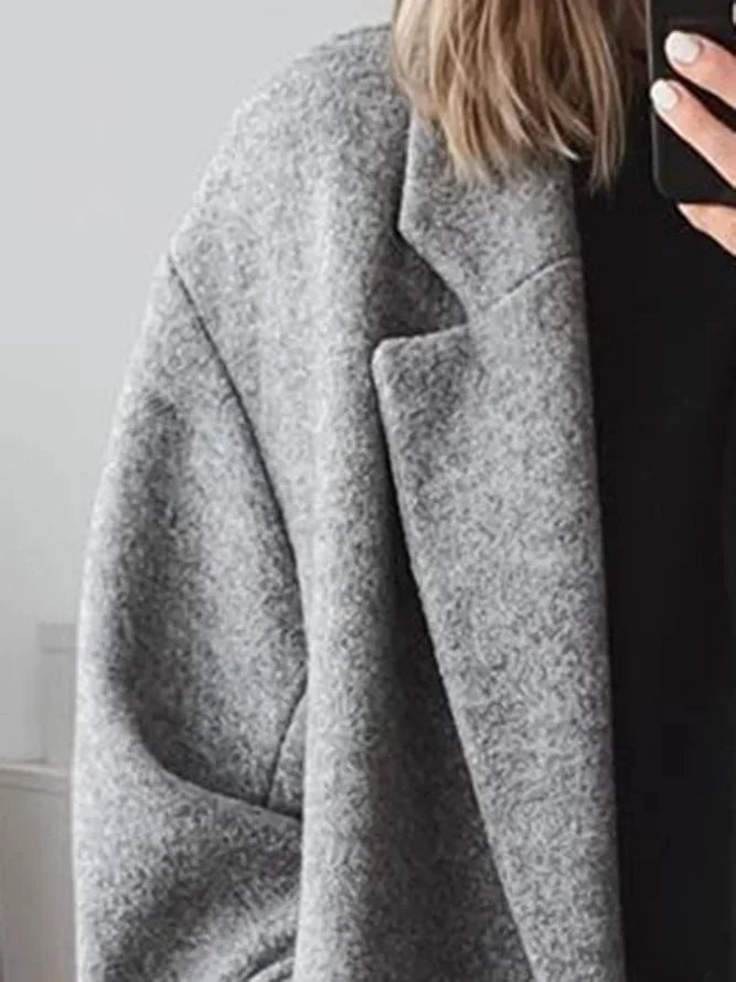 Grey Women's Oversized Wool Coat with Notched Lapel & Patch Pockets — Stevie - Collar Detail