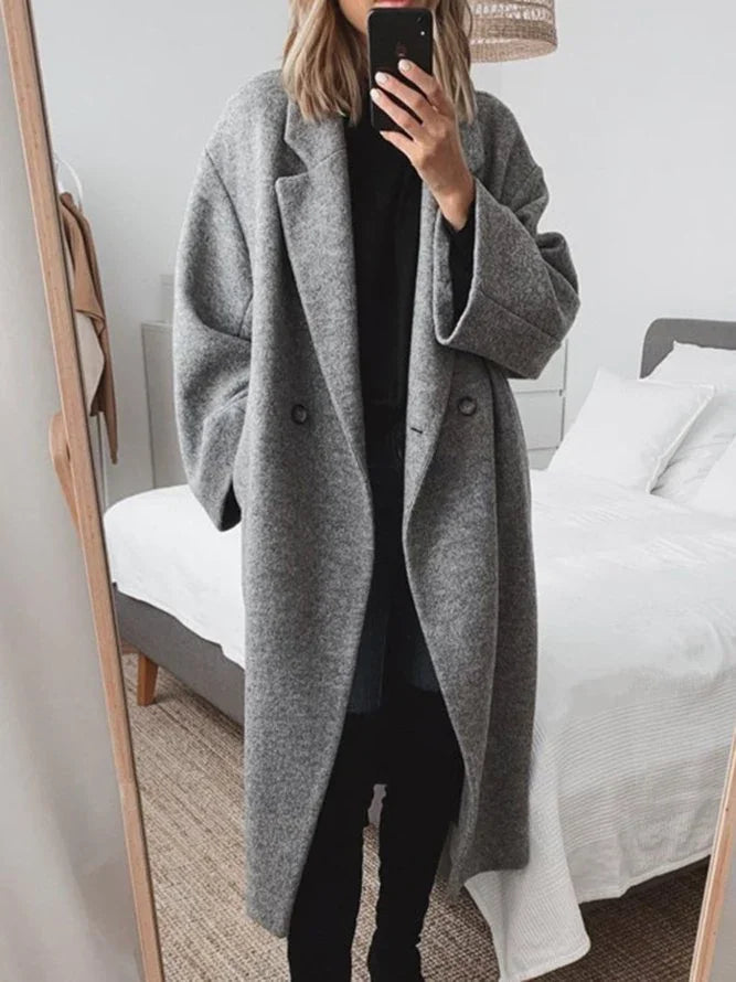 Grey Women's Oversized Wool Coat with Notched Lapel & Patch Pockets — Stevie