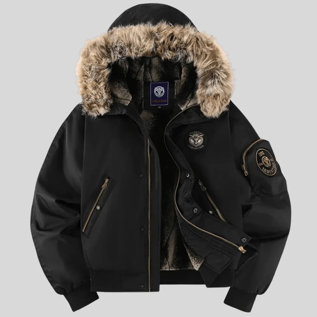 Black Women's Padded Bomber Jacket with Faux-Fur Hood & Ribbed Trim