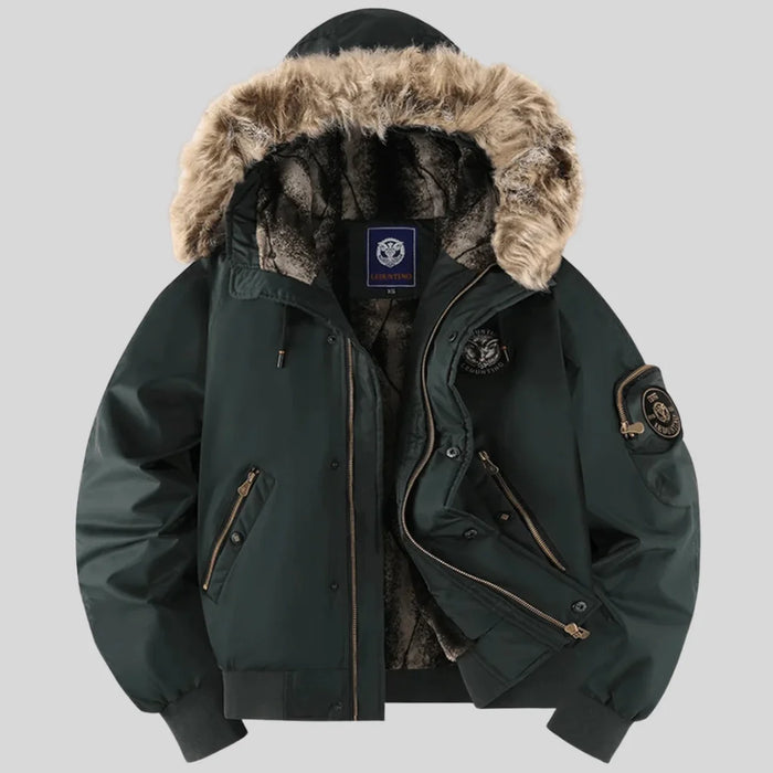 Dark Green Women's Padded Bomber Jacket with Faux-Fur Hood & Ribbed Trim
